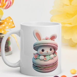 Bonita taza de macarrón con forma de conejito / Divertida taza de cerámica con forma de animal / Postre francés de conejo kawaii pastel
