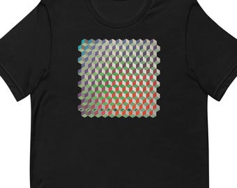 May include: Black short-sleeved t-shirt featuring a geometric cube design in shades of green, red, purple, and gray. The design is centered on the chest. The shirt is made of a soft material.