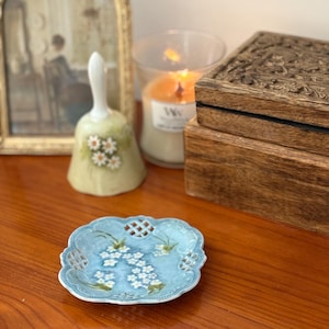 Vintage Hand-Painted Trinket Plate – Blue Floral Design, 1982