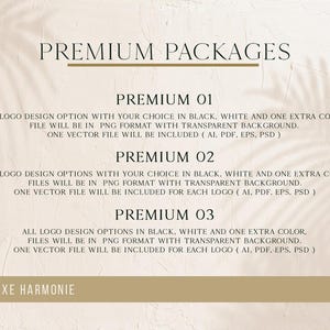 Pu&ograve; includere: Grafica beige con il testo "PACCHETTI PREMIUM" e dettagli per tre opzioni di design del logo premium. Ogni opzione include nero, bianco e un colore extra, con file in formato PNG e file vettoriali.