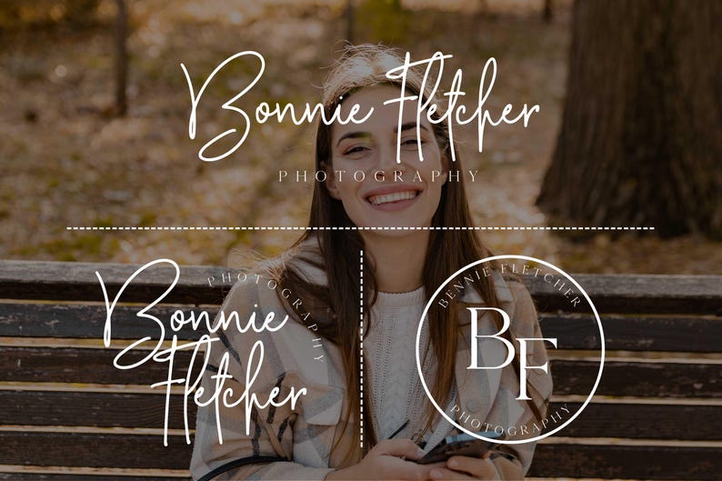 Pu&ograve; includere: L'immagine presenta il nome "Bonnie Fletcher Photography" in un elegante carattere scritto a mano. L'immagine include una persona sorridente e un logo circolare con le iniziali "BF". Lo sfondo ha un'estetica sfocata e autunnale.