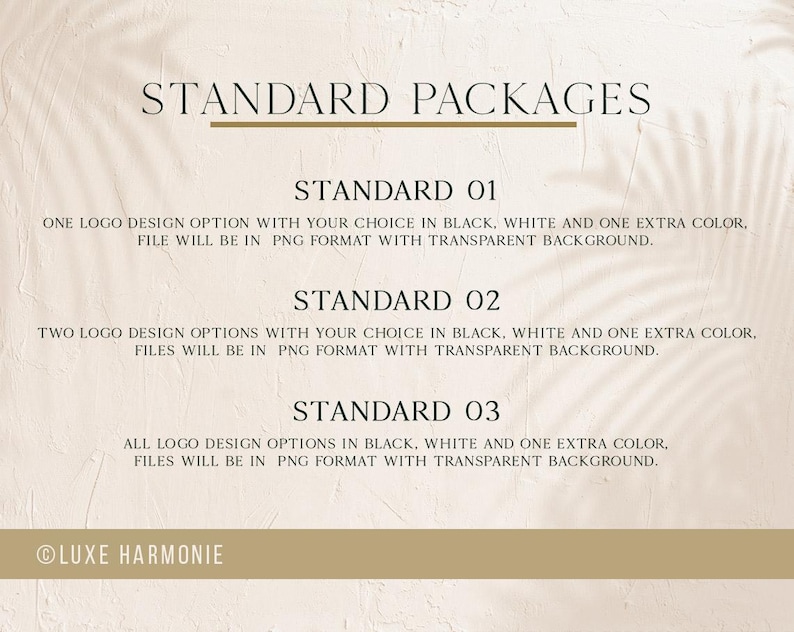 Pu&ograve; includere: Grafica beige con il testo "STANDARD PACKAGES" in alto. Sotto sono presenti tre opzioni: STANDARD 01, 02 e 03, che descrivono le opzioni di design del logo in nero, bianco e un colore extra, con file PNG e sfondi trasparenti.