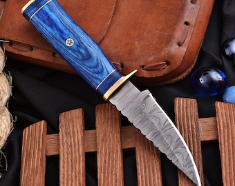 Personalized Gift Damascus Camping Bush craft Knives with Blue Wood Handle Groomsmen Gift For Him Gift For Boyfriend Father Day