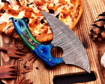 Hand Forged Damascus Ulu Pizza Cutter, Blue Wood Handle, Chef Kitchen Tool (Leather Sheath)