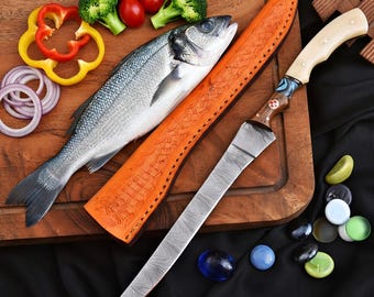 Fillet Knife, Damascus Steel , Bone  Wood Handle,  Hunting Outdoor Gear,  Gift for Hunters