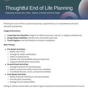 Downloadable Printable PDF End of Life Planner and Aid for Pre Death, Funeral Arrangements and Post Death