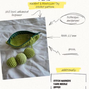 May include: A crochet pattern for a toy featuring a green pea pod with a zipper and three round green peas. The text includes PEAS, Waldorf & Montessori Toy crochet pattern, skill level: advanced beginner, technique: amigurumi, hook: 2.5 mm, and additionally: STITCH MARKERS, YARN NEEDLE, ZIPPER.