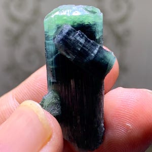 May include: A raw tourmaline crystal specimen featuring a vertical, elongated dark green to black base with a distinct, lighter translucent green termination at the top. A smaller, dark green crystal segment is attached horizontally to the side.