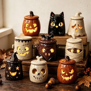 Pode incluir: Uma coleção de nove potes de cerâmica com tema de Halloween com tampas, cada um apresentando um design de personagem único, incluindo abóbora, gato preto, fantasma, monstro de Frankenstein, morcego, múmia, chapéu de bruxa, caveira e outra abóbora.