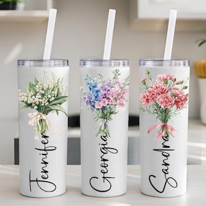 Personalized Birth Flower Tumbler with Lid&Straw,Custom Skinny Tumbler,Birth Flower Gift,Bridesmaid Proposal Gift,Bachelorette Party Favors.