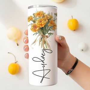 Custom Birth Flower Tumbler with Lid&Straw,Personalized Skinny Tumbler,Birth Flower Gift,Bridesmaid Proposal Gift,Bachelorette Party Favors.