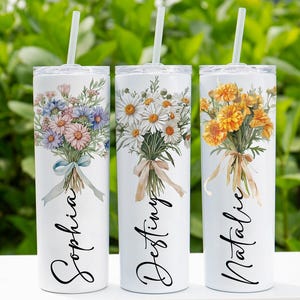 Custom Bridesmaid Tumbler With Straw,Personalized Skinny Tumbler,Birth Flower Tumbler For Her,Bridesmaid Proposal Gift,Maid Of Honor Gift.