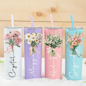 Bridesmaid Gift,Personalized Birth Flower Tumbler with Lid&Straw,Custom Skinny Tumbler,Birth Flower Gift For Her,Bachelorette Party Favors.