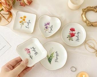Custom Birth Flower Ring Trinket Dish, Personalized Birth Month Flower Trinket Dish,Birthday Jewelry Dish,Wedding Bridesmaid Gift | Mom Gift