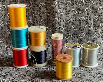 lot of Specialty Thread Spools for Embroidery, Crafting, Jewelry - 9  Colors Display/decor Shiny RAYON coats clarks, Bonita SILK, Madeira