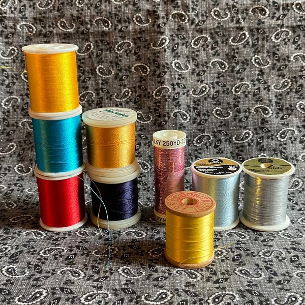 lot of Specialty Thread Spools for Embroidery, Crafting, Jewelry - 9  Colors Display/decor Shiny RAYON coats clarks, Bonita SILK, Madeira