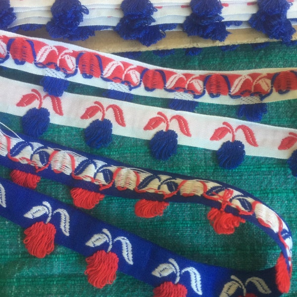 9 1/2 yards Red Cherry and blue cherry Pillow Fringe Trim. 1 inch wide. Costume/dress/dance/sewing/edging pompom RunningWithNeedles