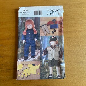 May include: A sewing pattern for making doll clothes. The pattern includes instructions for making a denim jumpsuit, a fishing vest, a plaid shirt, a pair of pants, a sweater, and a raincoat. The pattern is for a doll that is one size.