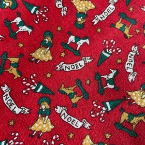 one yard  x 44&quot; wide quilting cotton. Tiny toy toss NOEL/doll/rocking horse/candy canes on red background  Holiday Vintage 70s Fabric