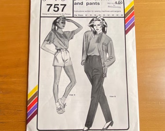 Stretch and sew 757 Pants Shorts sewing pattern knit fabrics. ann person sizes 32-48 Ladies Pull-on Slacks 80s fashion RunningWithNeedles