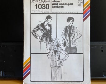 Stretch and Sew 1030 Women's Sewing pattern Classic Shawl and Cardigan Jackets Ann Person Knit Fabrics tailored, patch pockets 80s  UNCUT