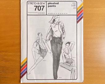 Stretch & Sew 707 Pleated Pants Ann Person Collectible pattern Hip 32-48 Continental pockets/topstitched pleats/fly front zipper 70s UNCUT