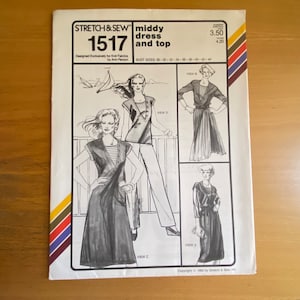 Stretch & sew 1517 Middy Dress and Top sewing pattern knit fabrics ann person Bust size 28-44 Deep V neck with insert 80s style blouse UNCUT