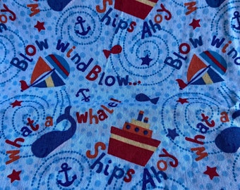 Sold by 7/8 yard x 44" wide quilting cotton. Blow Wind Blow, Ships Ahoy,What A Whale Juvenile Blue Fabric. Pre-washed 80s design