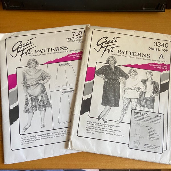 2 Great Fit Sewing Patterns 703 Split Skirt and 3340 Dress-Top sizes 38-60   Bust  42-64, Hip 43-70 1980s Oregon designer plus size UNCUT