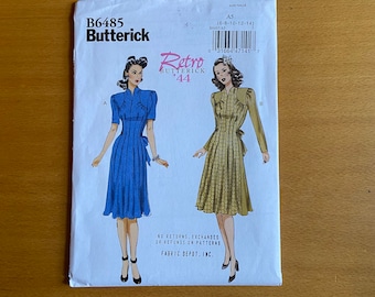 Butterick 6485 Sewing Patterns size A5 6-8-10-12-14 front tuck waist detail retro 40's  Day dress  multi sized, self tie belt UNCUT