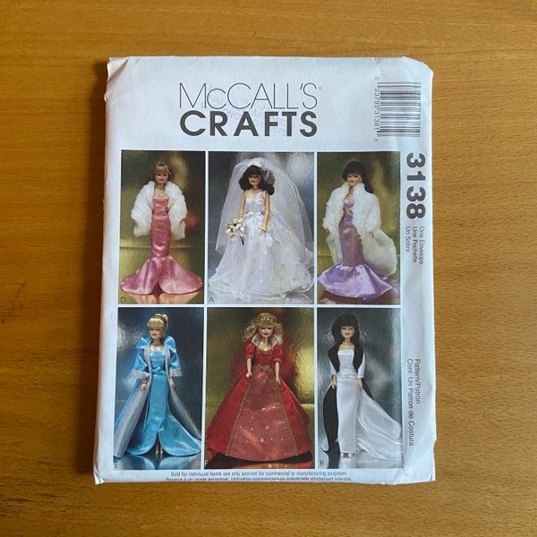 McCalls crafts 3138 fashion doll sewing pattern. 11 1/2" barbie outfits, wedding/bridal dress/evening wear/ball gowns/strapless  stole UNCUT