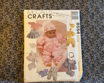 McCalls Crafts 8554 Doll Sewing pattern 3 sizes: 8-10", 11-13", 14-16" Sun Hat/bonnet, Dress/pinafore/sleeper/jumper outfits UNCUT