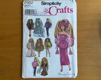 Simplicity 7952 Barbie sewing pattern Wendy Everett designs 11 1/2" doll formal/wedding/bridal/evening wardrobe/outfits Shrugs/gloves/purse