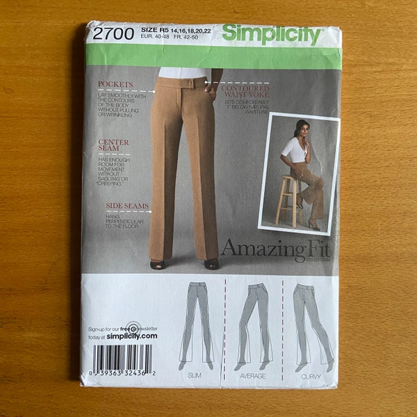Simplicity 2700  Amazing Fit Sewing pattern Misses’ Amazing Fit Pants for Slim, Average or Curvy, Sizes 14-22 pockets, center seam  Uncut