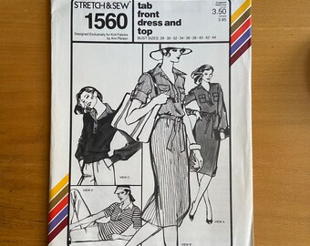 Stretch & sew 1560 Tab Front Dress and Top sewing pattern knit fabrics. ann person Bust size 28-44 Button closure/patch pockets/sleeve UNCUT