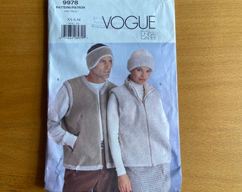 Vogue 9978 Sewing Pattern Linda Carr design Hats Loose fitting contrast lined vest/exposed zipper UNISEX Uncut
