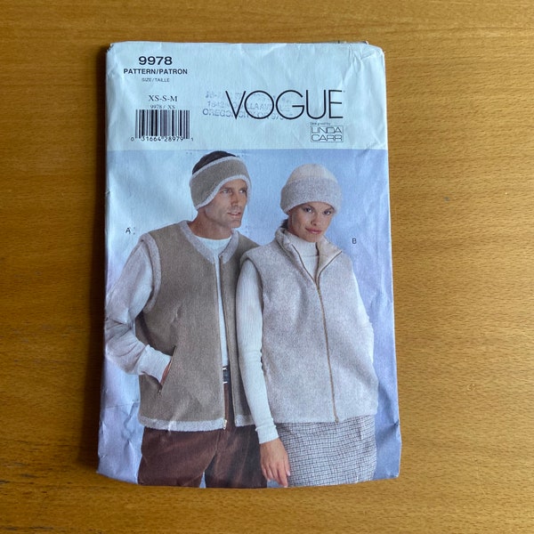 Vogue 9978 Sewing Pattern Linda Carr design Hats Loose fitting contrast lined vest/exposed zipper UNISEX Uncut