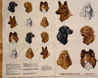 Cranston Kennel Club panel applique Fabric Joan Messmore design print VIP polished cotton. 6 dogs: Spaniel/German Shepherd/French Poodle/Lab