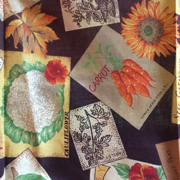 1 yard x 44" wide quilting cotton. Seed Packets Spring Industries Vintage fabric.Asparagas, Cauliflower, Carrots