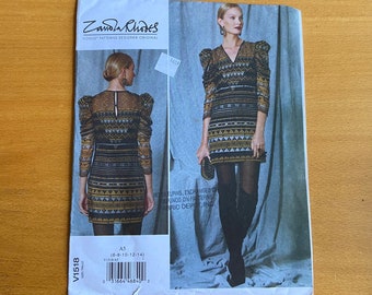 Zandra Rhodes Dress Pattern Vogue 1518 American Designer Multi Size 6-14 Exaggerated sleeves front & back yokes lined UNCUT