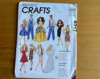 McCalls craft 6317 fashion doll sewing pattern 11 1/2" barbie outfits - 12 1/2 Ken evening dress/overalls/beauty and Beast costume 90s UNCUT