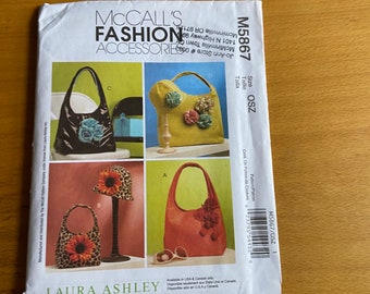 Mccalls 5867 Laura Ashley sewing pattern fashion accessories lined BAG and HAT pompoms, fabric flowers, yoyo''s decorative UNCUT