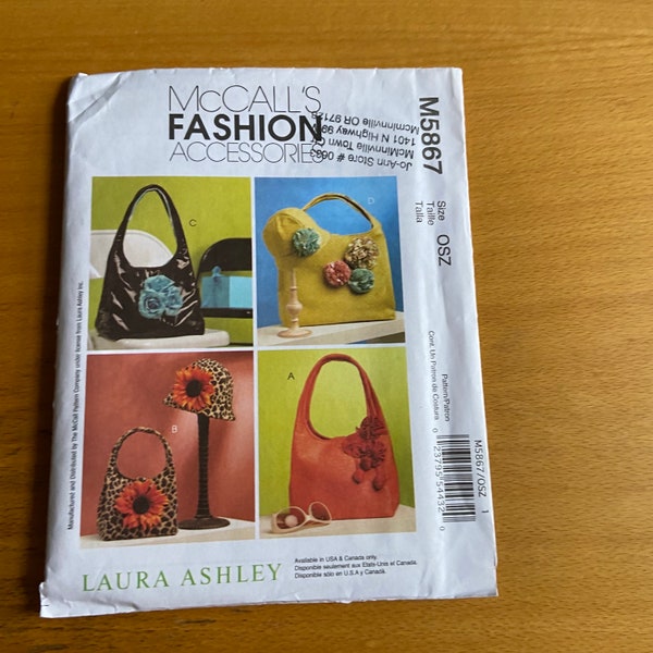 Mccalls 5867 Laura Ashley sewing pattern fashion accessories lined BAG and HAT pompoms, fabric flowers, yoyo''s decorative UNCUT