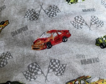 Cars 60" tshirt knit fabric 25% stretch 1-way Champion Racer Nascar/Formula 1 Gray mottled/heather background juvenile sold by the yard