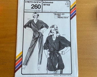 Stretch & Sew 260 Women's Sewing pattern Kimono Wrap Size Sm/Med/Lg Ann Person Make it In Minutes 3/4 length sleeves lined tunic 80s