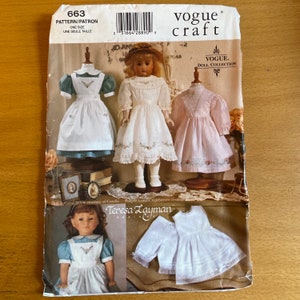 Vogue Craft 663/9984 18 inch doll sewing pattern. Heirloom/old fashioned outfits; embroidered dress/pinafore Teresa Layman Designs UNCUT