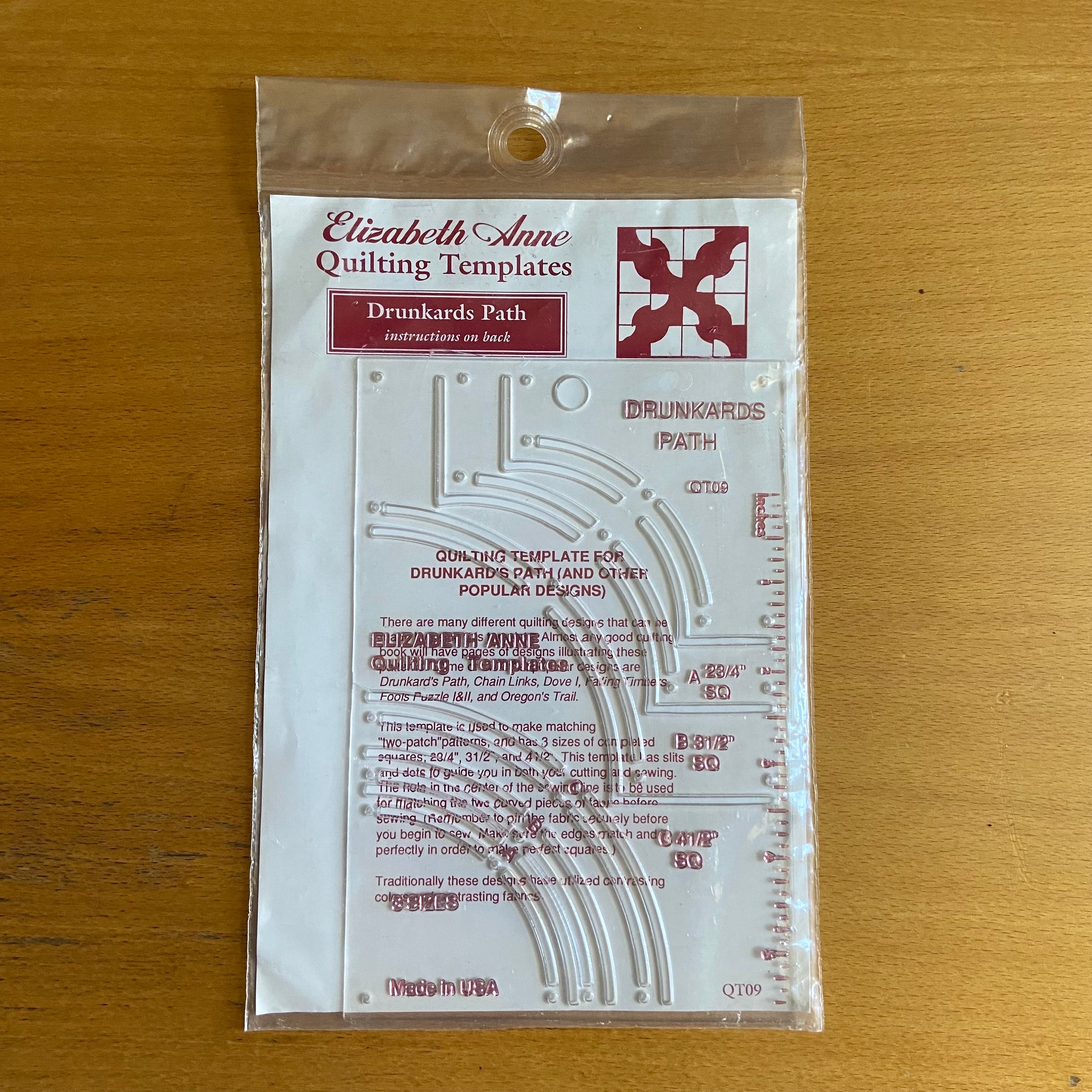 Elizabeth Anne Drunkards Path Quilters Template clear acrylic ruler 3 sizes: 2 3/4"/3 1/3"/4 1/2" squares quilt blocks Oregon Trail QT09 new