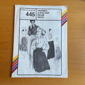 Stretch and sew 445 sewing pattern Straight, a line, and dirndl SKIRTS knit fabrics ann person sizes 30-46 UNCUT 70s fashion elastic waist