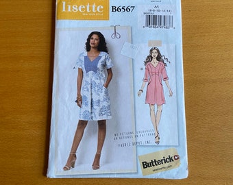 Easy Lisette Sporty Dress, Butterick 6567 A5 (6-8-10-12-14) New Sewing Pattern, Pockets, Fitted Dress, Dolman Sleeve UNCUT