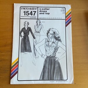 Stretch & Sew 1547 V Collar Dress and Top Ann Person Collectible sewing pattern Bust size 28-44, 1980s tshirt pointed collar style  UNCUT